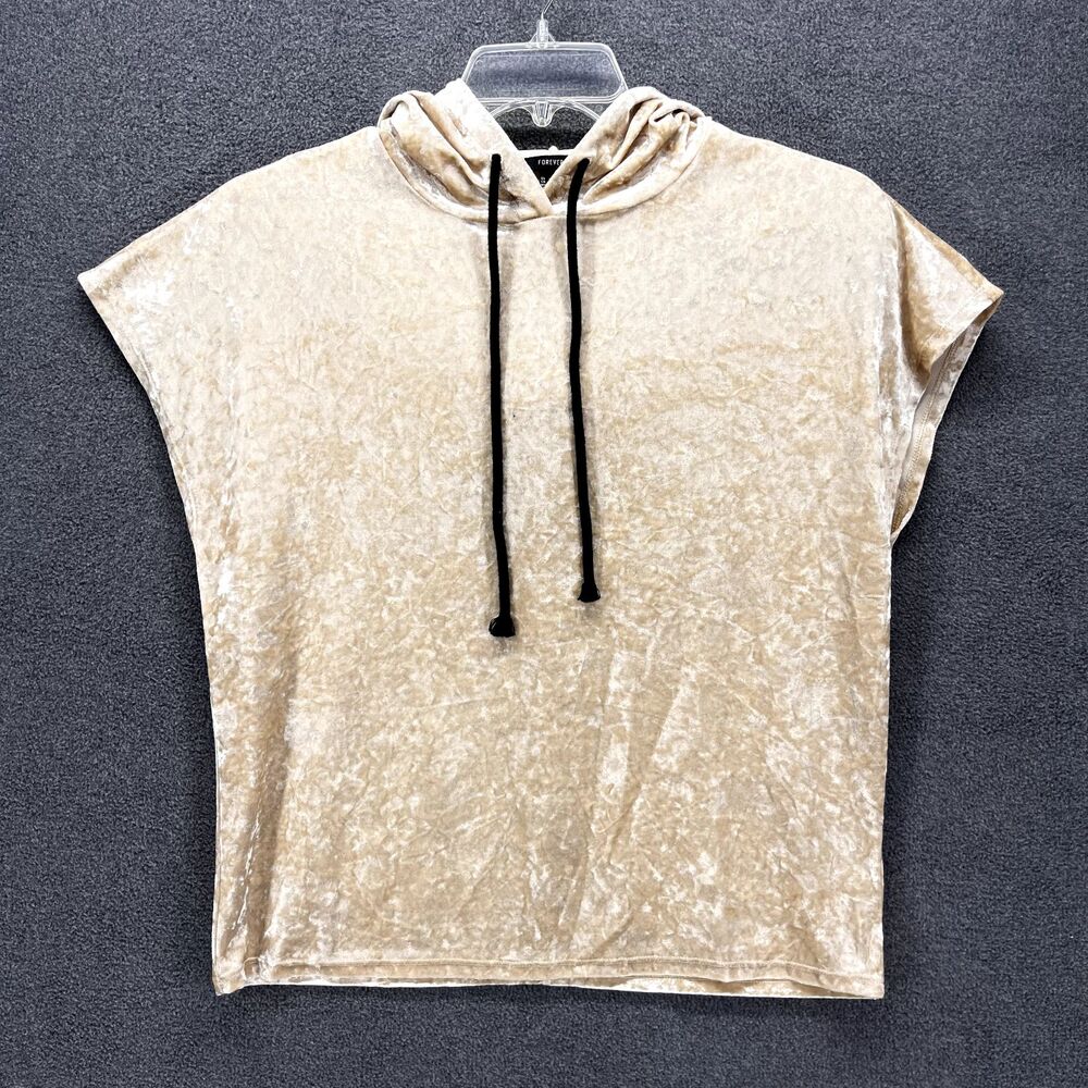 Forever 21 Top‎ Womens Small Beige Velvet Hooded Cap Sleeve Oversized Blouse
